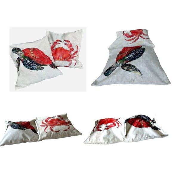 Sea Turtle Crab Throw Pillow Cover Hand Painted Art Deco Chair Beach House READ - Picture 10 of 12